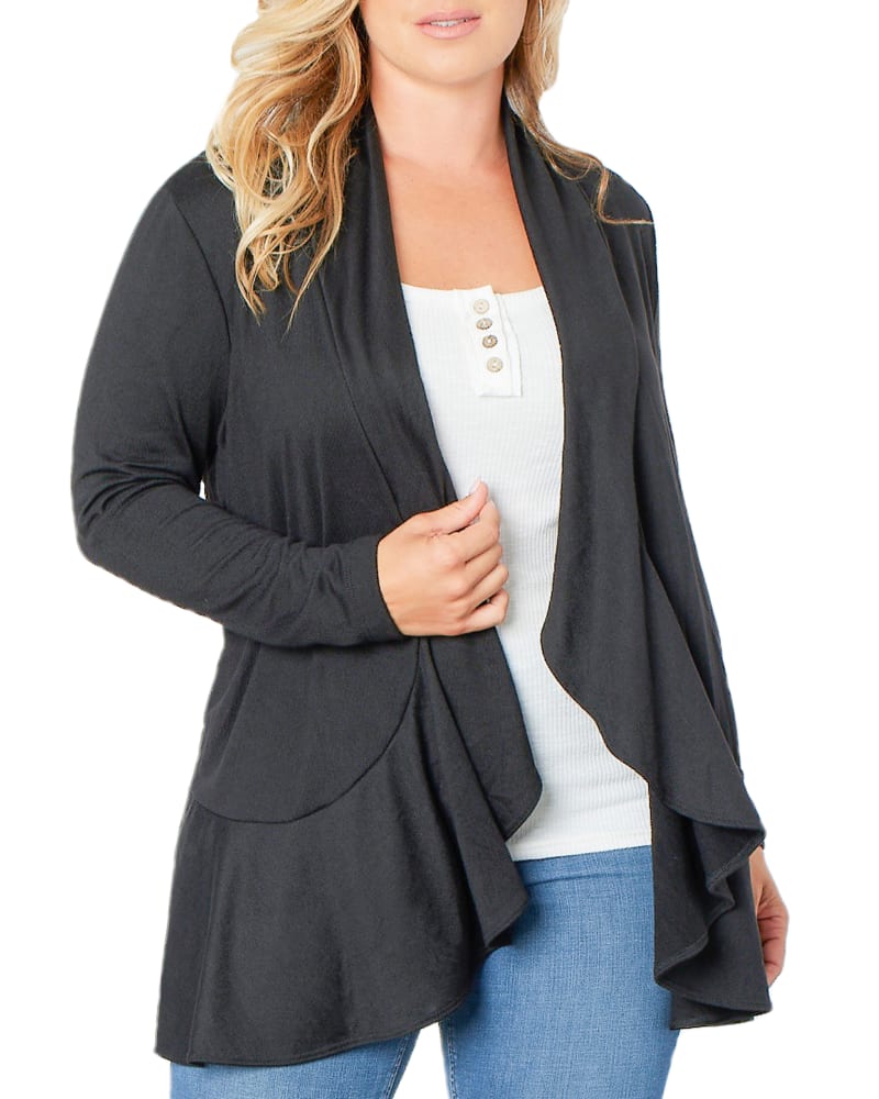Front of a model wearing a size 0X Love Story Cardigan in BLACK NOIR by Kiyonna. | dia_product_style_image_id:268157